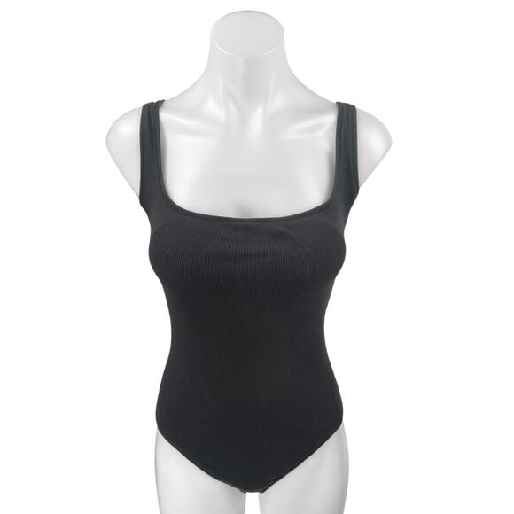 Skims Women's Black Sleeveless Ribbed Knit Square Neck Boysuit Tank Top Size L - Picture 1 of 3